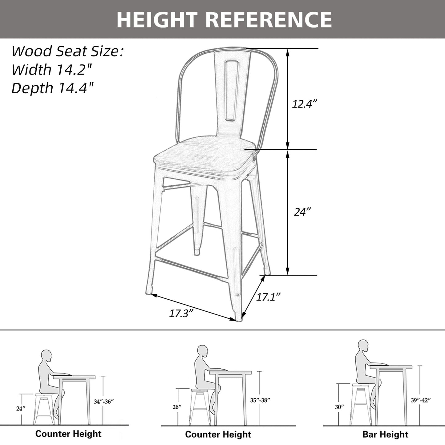 Apeaka 24" Swivel Metal Bar Stools Set of 4 Counter Height Bar Chairs Industrial High Back Barstools with Large Wooden Seat Matte Black - WoodArtSupply