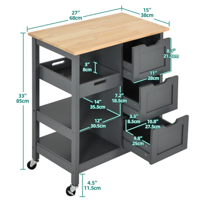 YITAHOME Small Solid Wood Top Kitchen Island Cart on Wheels with Storage, Rolling Portable Dining Room Serving Utility Carts Mobile Movable with 3 Drawers Cabinet, Gray