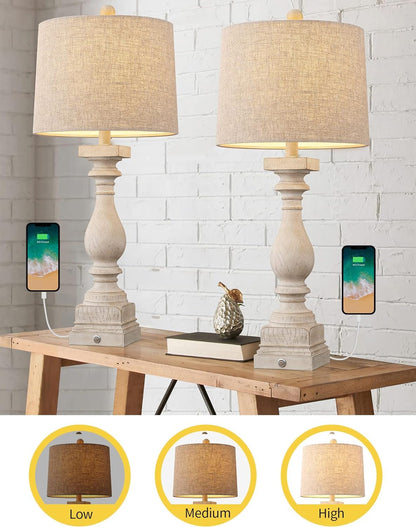 BOBOMOMO 27" Farmhouse 3-Way Dimmable Touch Control Table Lamp Set of 2 with USB A &USB C Charging Ports for Bedroom Living Room Vintage Rustic Traditional Nightstand Bedside Lamps (2 Bulbs I - WoodArtSupply