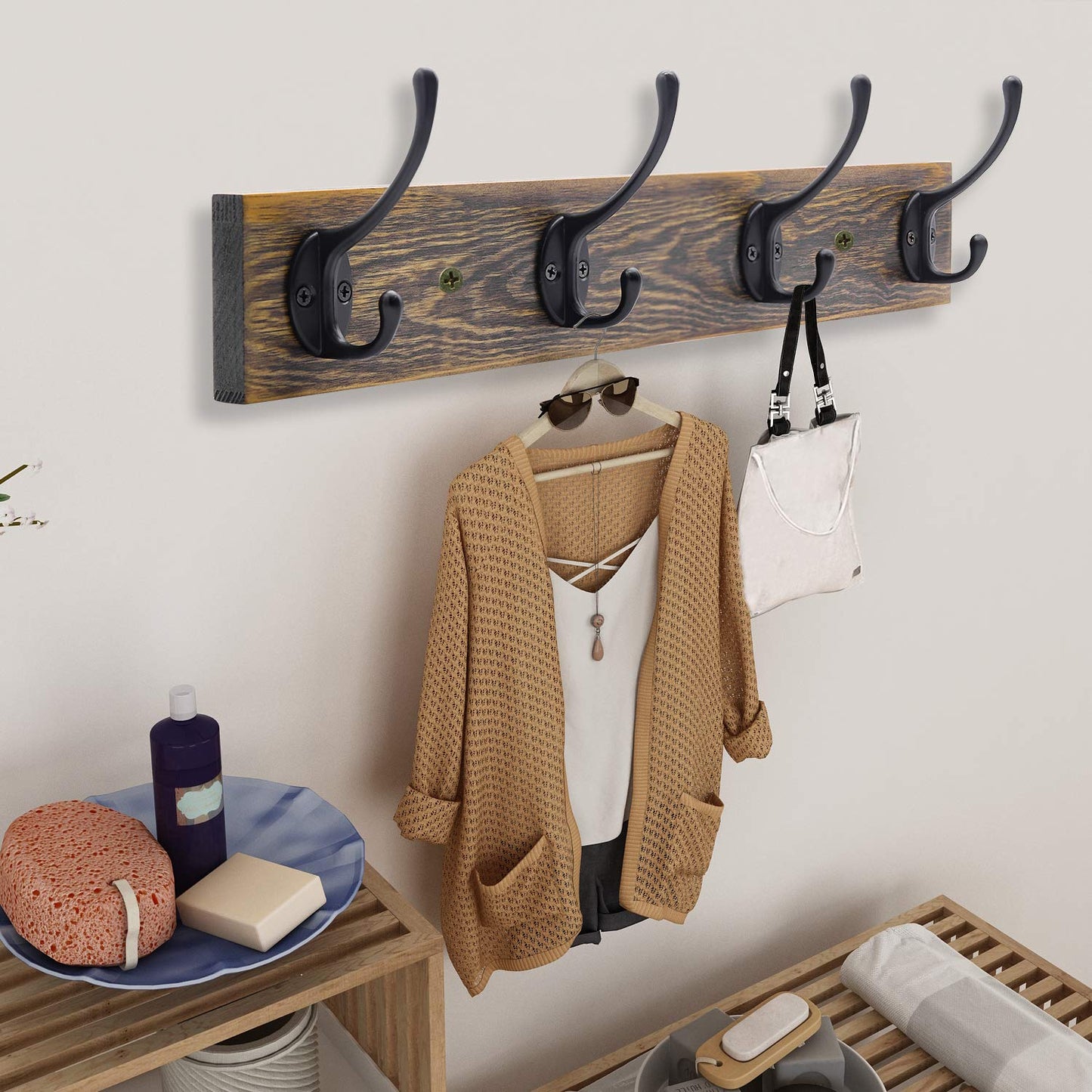 IBosins Wall Mounted Coat Rack, Entryway Hanging , Metal Wood Rack with 4 Black Literary Rustic Hooks Rail for Scarf, Bag, Towel, Key, Cap, Cup, Hat (Brown)