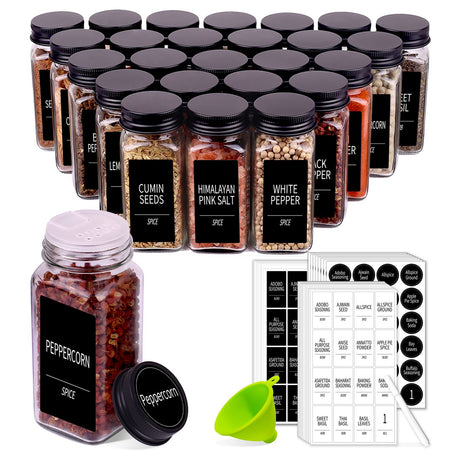 Churboro 66 Spice Jars with 547 Labels- Glass Spice Jars with Black Metal Caps, 4oz Empty Spice Containers with Shaker Lids, Funnel, Chalk Pen, Square Seasoning Bottles for Spice Rack, Drawer, Cabinet Churboro