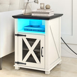 Livofloral Farmhouse End Tables with Charging Station, LED Nightstand with Power Outlets, Bedside Table with Charger Station, White Side Table for Living Room with Storage & Barn Door Livofloral