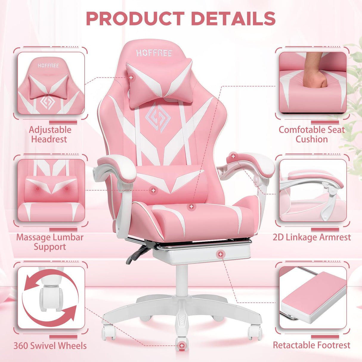 HOFFREE Pink Gaming Chair with Massage for Girls Cute Computer Gamer Chair with Footrest and Lumbar Support Reclining PC Game Chair with Headrest for Gaming Room HOFFREE
