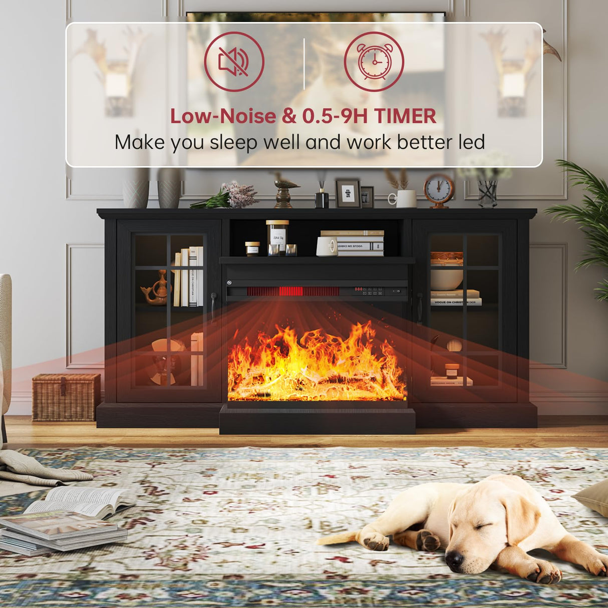 oneinmil Fireplace TV Stand with 3-Sided Glass, TV Cabinet for TVs up to 65", 59'' Modern Media Entertainment Center with Farmhouse Glass Door Storage Cabinets, for Living Room, Black oneinmil