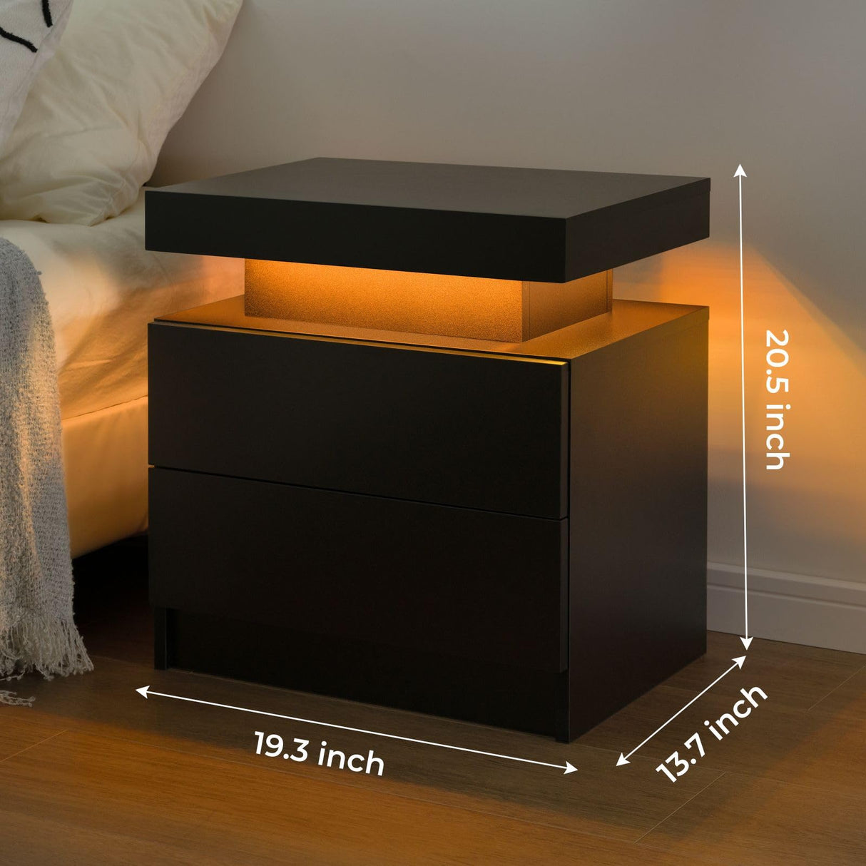 i-aplus Nightstand Set of 2 LED Nightstand with 2 Drawers, Bedside Table with Drawers for Bedroom Furniture, Side Bed Table with LED Light, Black i-aplus