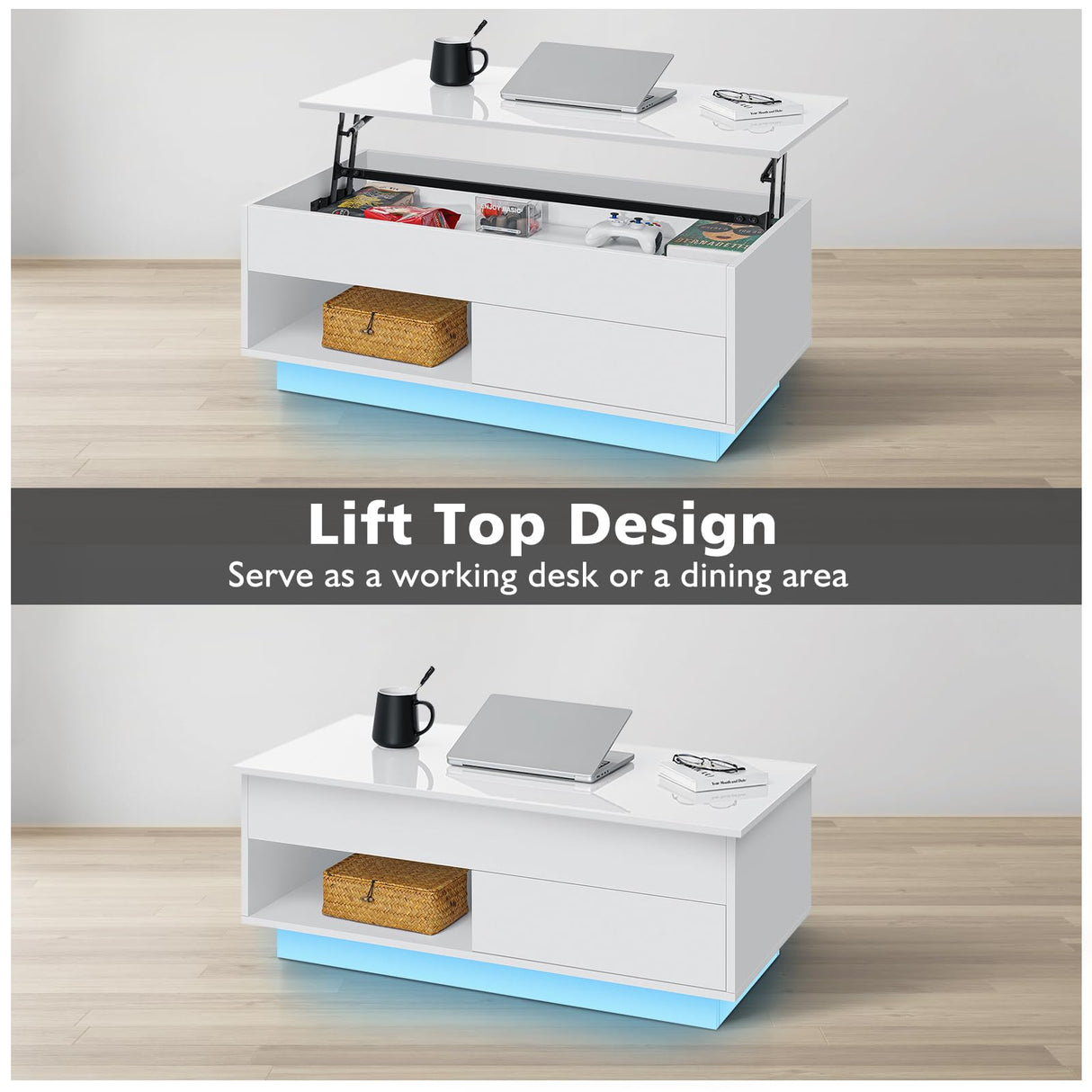 HOMMPA LED Lift Top Coffee Table and TV Stand Set of 2,Modern LED Entertainment Center with Power Outlets for up to 65" TV, Coffee Table with Hidden Compartment & 1 Open Shelve & 1 Drawers White HOMMPA