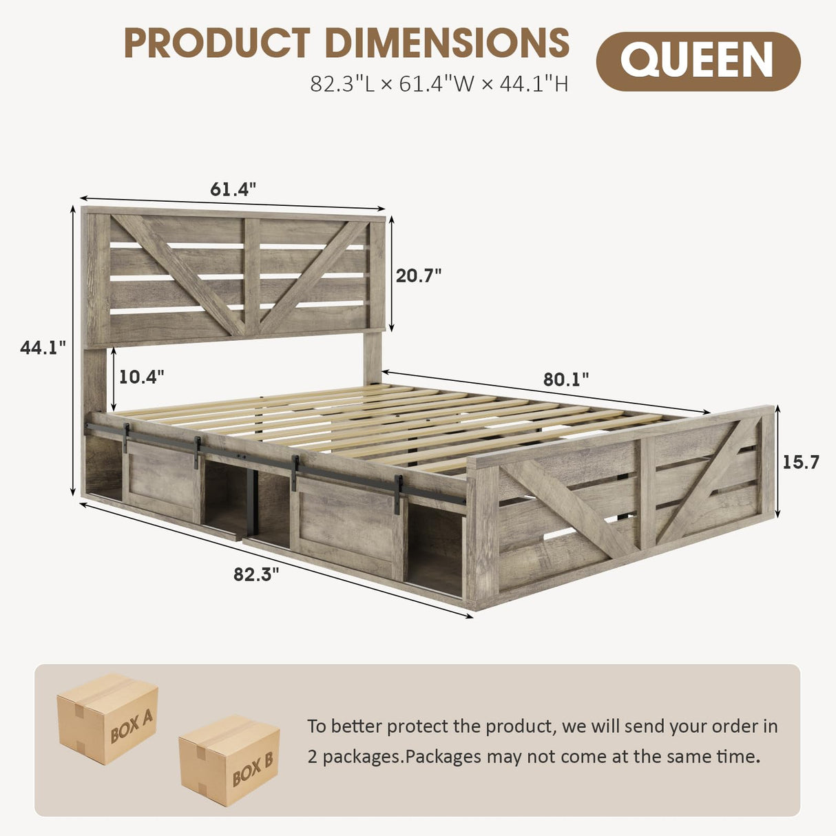 Maupvit Farmhouse Queen Size Bed Frame with Sliding Barn Door Storage Cabinets, Rustic Platform Bed Frame with Adjustable Thick Headboard, Sturdy Wood & Metal Frame, No Box Spring Needed, Noisy-Free Maupvit
