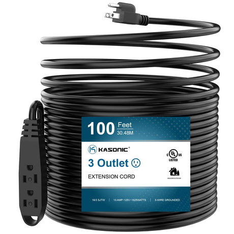 K KASONIC - 100-Feet 3 Outlet Extension Cord, UL Listed, 16/3 SJTW 3-Wire Grounded, 10 Amp 125 V 1625 Watts, Multi-Outlet Indoor/Outdoor Use, Black K KASONIC
