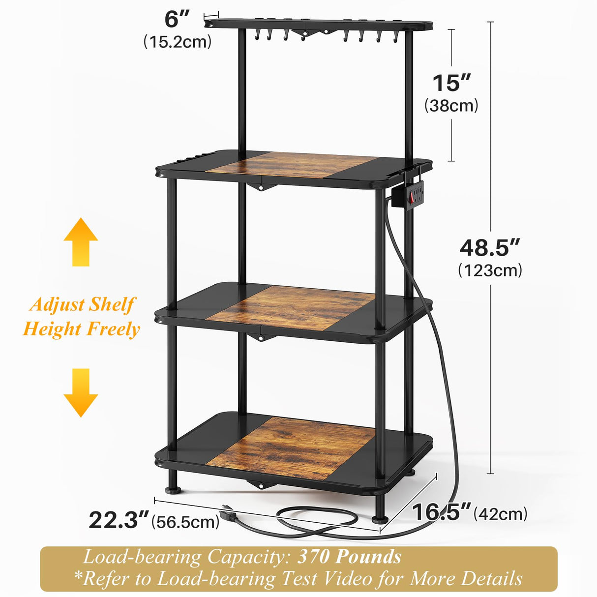 Kitchen Bakers Rack with Power Outlet - Easy & Tool-Free Assembly, Adjustable Coffee Bar Station 4 Tiers, Microwave Stand with 12 Hooks, Brown SNTD