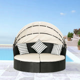 Outdoor Round Daybed Patio Bed Wicker Patio Furniture Outdoor Day Bed with Retractable Canopy Rattan Separated Seating Khaki Washable Cushioned and Three Pillow for Patio Backyard Porch Pool PayLessHere