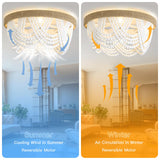 20 Inch Boho Ceiling Fan with Lights, Rustic Flush Mount Beaded Ceiling Fans with Lights and Remote Control, 6-Speed Reversible Bladeless Ceiling Fan for Kitchen, Bedroom, Living Room, Dining POPRHINO