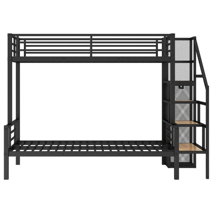 Harper & Bright Designs Twin Over Full Bunk Bed with Stairs, Metal Stairway Bunk Bed Frame with Storage and Open Wardrobe, for Kids Teens Adults - Black