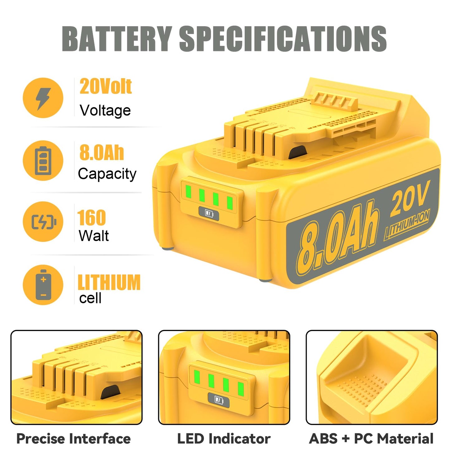 JUNWOOD 2Pack 8.0Ah MAX Lithium Replacement for Dewalt 20V Battery with 20 Volt Dual Port Battery Charger DCB200 DCB201 DCB204 DCB206 DCB207 DCD/DCF/DCG XR Series - WoodArtSupply