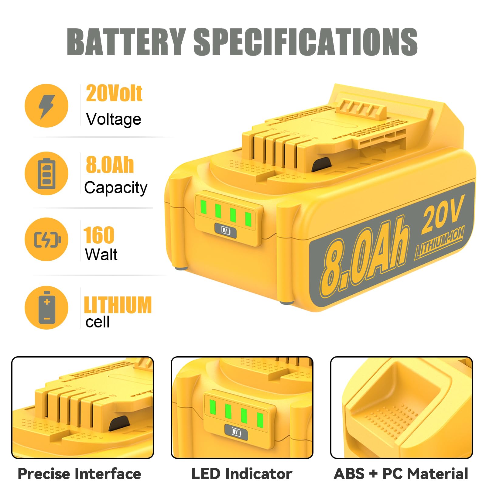 JUNWOOD 2Pack 8.0Ah MAX Lithium Replacement for Dewalt 20V Battery with 20 Volt Dual Port Battery Charger DCB200 DCB201 DCB204 DCB206 DCB207 DCD/DCF/DCG XR Series - WoodArtSupply