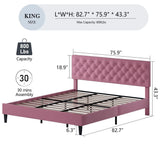 King Size Platform Bed Frame, Fabric Upholstered Bed with Button Tufted Headboard, Adjustable Headboard Design, Easy Assembly, No Box Spring Required, Pink BarnFurin