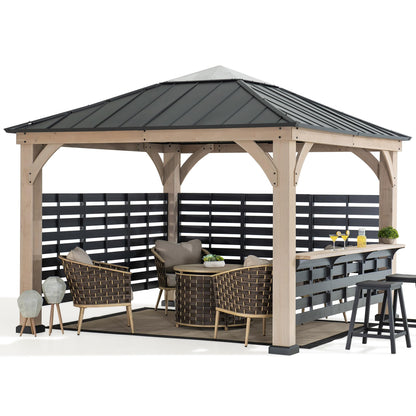 Sunjoy 11 x 11 ft. Hardtop Gazebo Cedar Wood Framed Hot Tub Gazebo with Steel and Polycarbonate Hardtop and bar Shelf, Matte Black by SummerCove - WoodArtSupply