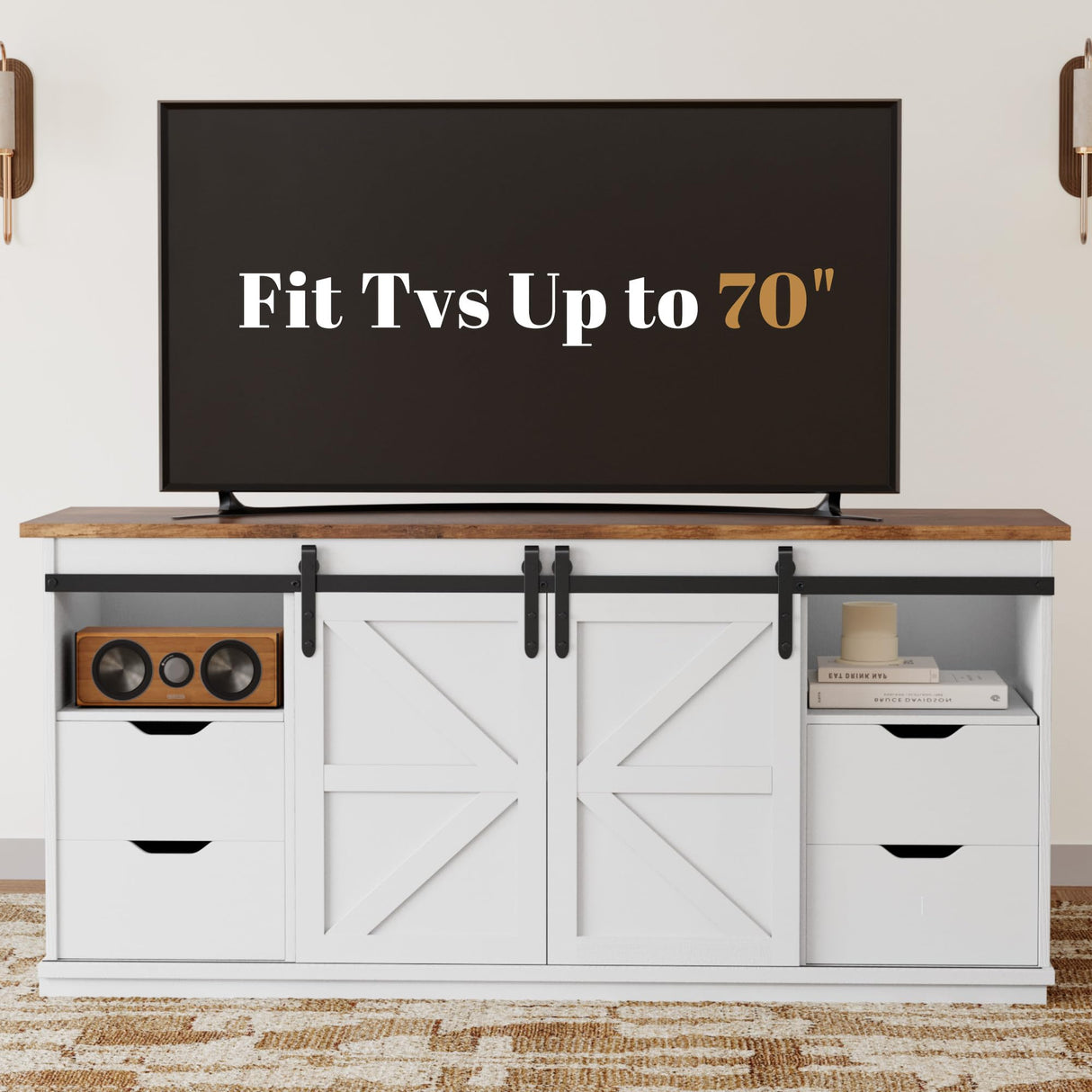 YESHOMY TV Stand for Televisions up to 65 Inchs, with Sliding Barn Doors and 4 Storage Drawers, Console Table and Media Furniture for Living Room, 58 Inch, Milk White YESHOMY