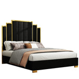 Albott Queen Size Platform Bed Frame, 61.4" Velvet Upholstered Bed with Gold Trim Headboard/Wooden Slats/No Box Spring Needed/Black Albott