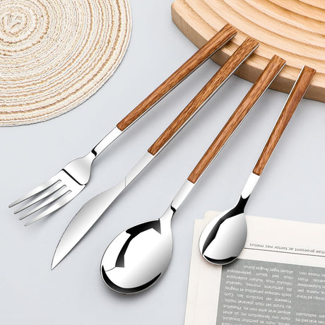 Stainless Steel Flatware Set for 4, Cutlery Utensils Set with Simulated Wooden Handle Include Knives Forks Spoons Service for 4, Mirror Polished and Dishwasher Safe (Silver) SNBNX