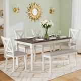 HOPETANA 6-Piece Dining Room Set - Rectangular Solid Elm Wood Table with Bench & Upholstered Chairs, White/Brown HOPETANA