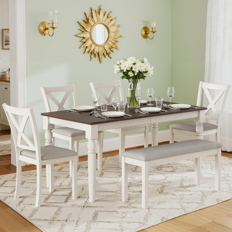 HOPETANA 6-Piece Dining Room Set - Rectangular Solid Elm Wood Table with Bench & Upholstered Chairs, White/Brown HOPETANA