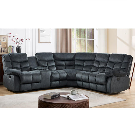 EBELLO Manual Reclining Sectional Sofa Set for Living Room, Soft Fabric Recliner Corner Sectional Couch with Center Console, Cup Holder and Storage, Grey EBELLO