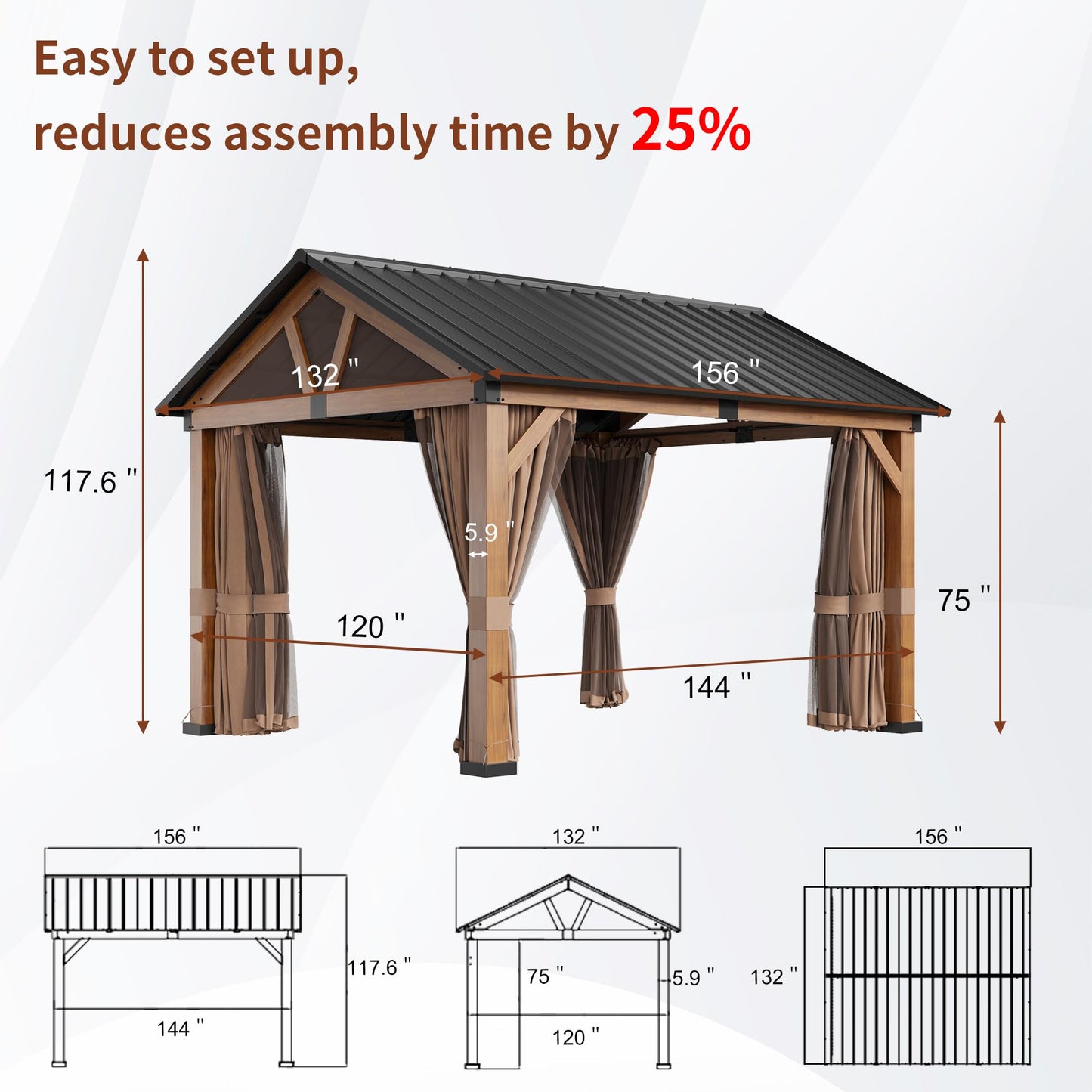 11 x 13 ft Hardtop Gazebo Wood Grain Aluminum Frame Gazebo Pavilion with Privacy Curtain and Mosquito Netting, Galvanized Steel Roof for Backyard