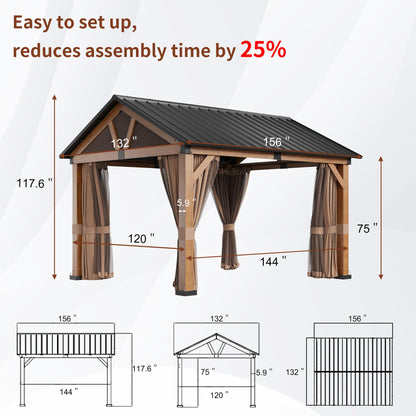 11 x 13 ft Hardtop Gazebo Wood Grain Aluminum Frame Gazebo Pavilion with Privacy Curtain and Mosquito Netting, Galvanized Steel Roof for Backyard