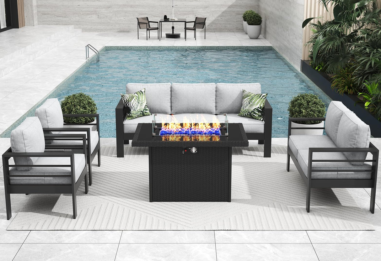 Vakollia 5 Pieces Modern Aluminum Patio Furniture Set with Fire Pit Table, Outdoor Conversation Sets Metal Sectional Sofa Vakollia