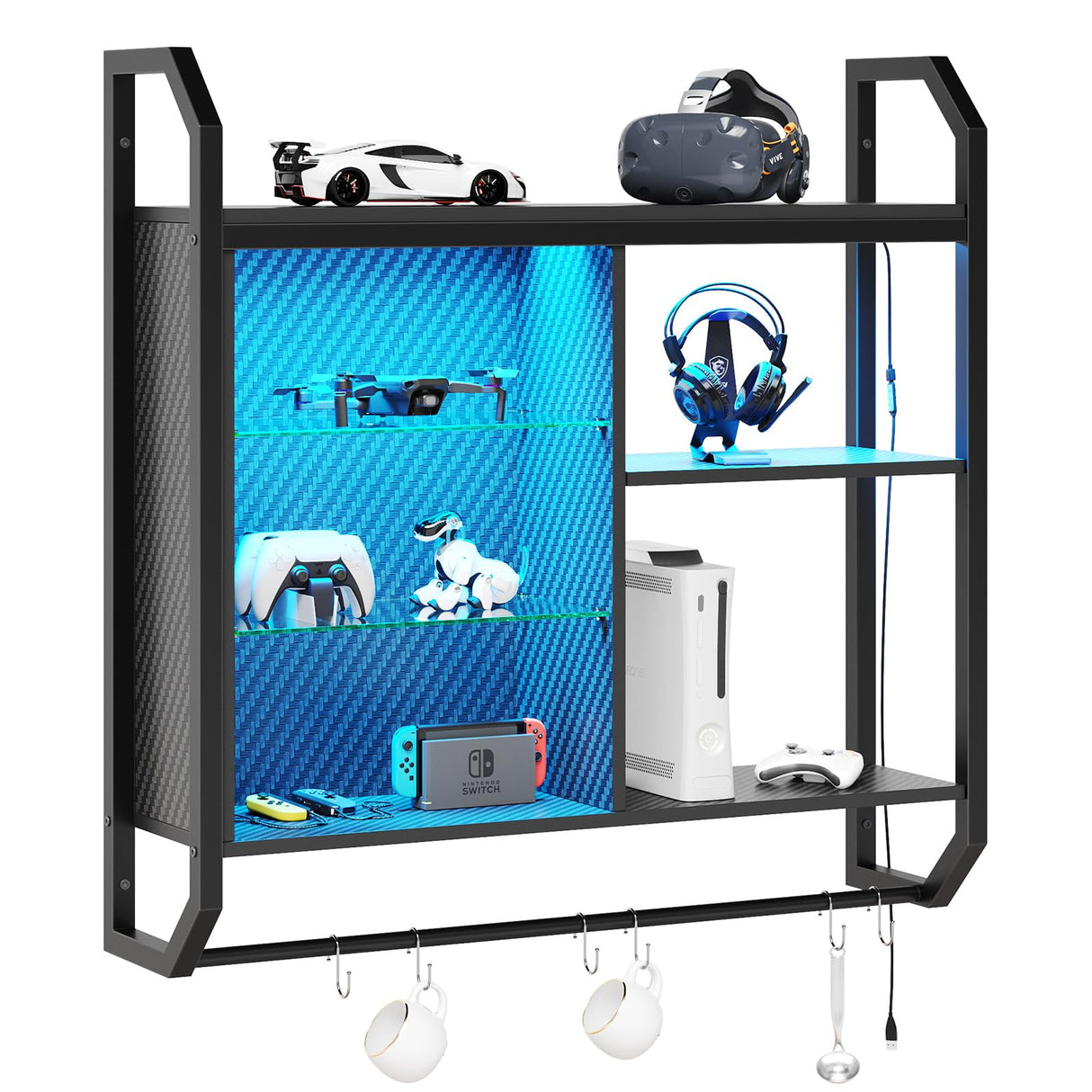 Bestier 34" LED Gaming Floating Shelf with Adjustable Glass, Industrial Pipe Design and USB Ambient Lights Bestier
