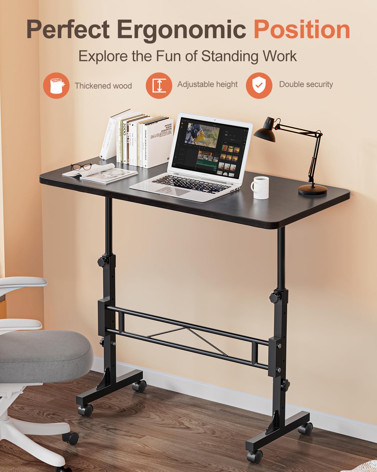 Small Standing Desk Adjustable Height, Mobile Stand Up Desk with Wheels, 32 Inch Portable Rolling Desk Small Computer Desk, Portable Laptop Desk Standing Table Black