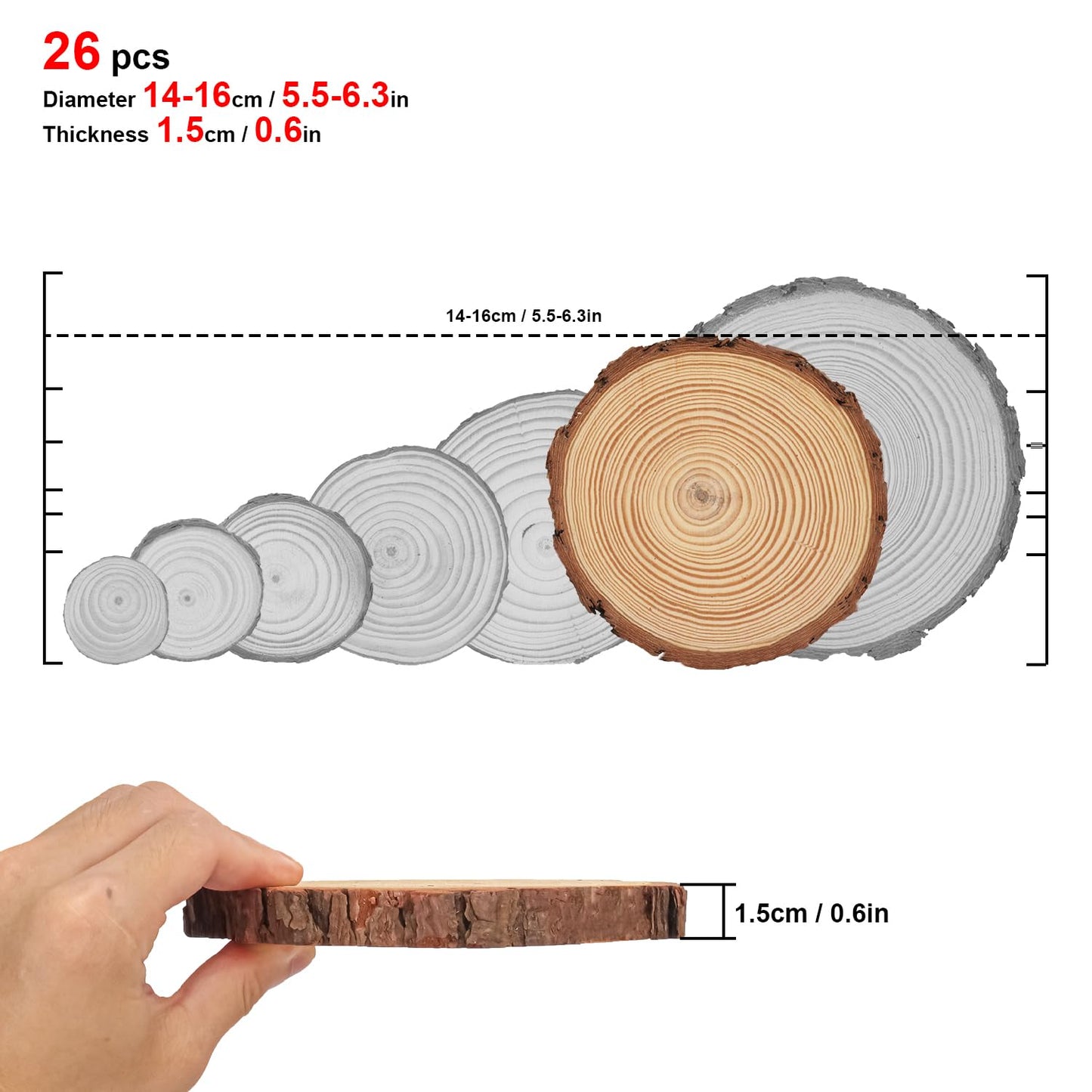 kukmakri 26 PCS Unfinished Wood Slices for Centerpieces, 5.5-6.3 Inch Natural Wood Slices with Tree Bark Pine and Wood Rounds Discs for DIY Crafts, Centerpieces, Art & Decor