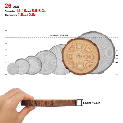 kukmakri 26 PCS Unfinished Wood Slices for Centerpieces, 5.5-6.3 Inch Natural Wood Slices with Tree Bark Pine and Wood Rounds Discs for DIY Crafts, Centerpieces, Art & Decor