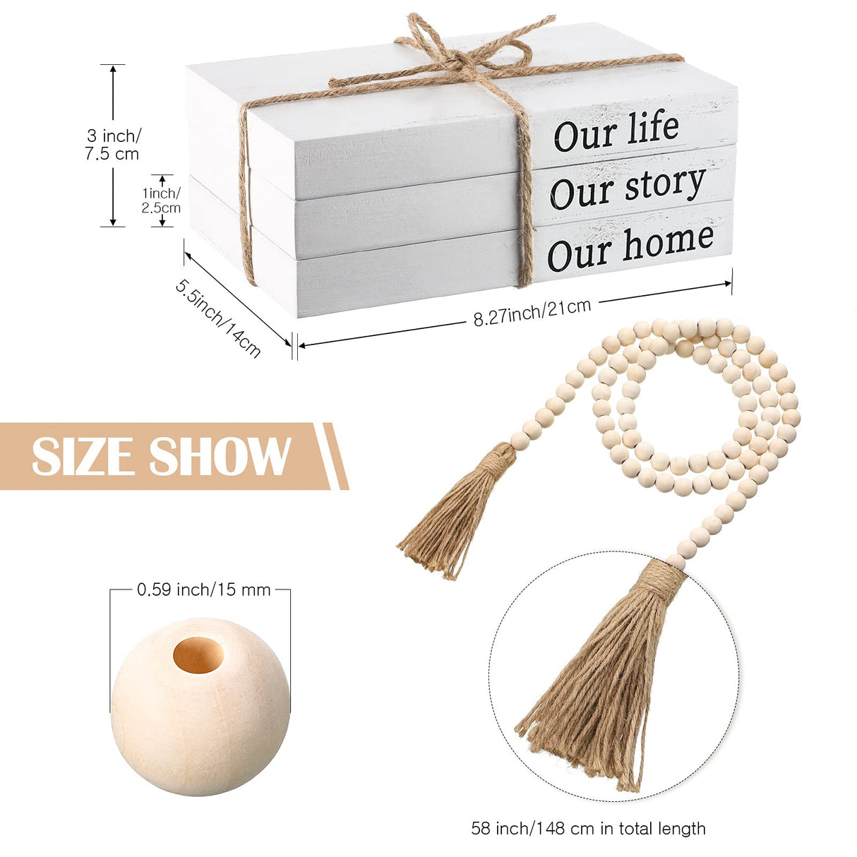 Jetec Decorative Display Books Hardcover, Faux Farmhouse Stacked for Coffee Tables Shelves with Wood Bead Tassels 58 Inch, 3 Pieces, White(Our Life, Our Story, Our Home) Jetec