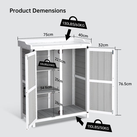 Outdoor Potting Bench with Metal Work Top,Waterproof Garden Storage Cabinet, Wooden Garden Work Bench with Adjustablev Shelves & Double Doors for Backyard, Patio, Lawn Gardening,White Grey PeacefulHues