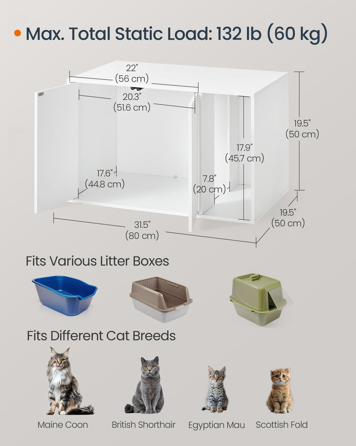 SONGMICS HOME Cat Litter Box Enclosure, Superfast Toolless Assembly, Cat House for Large Cats, Display Side Table, Push-to-Open Doors, Minimalist Modern, Snow White UPCL013W01 SONGMICS HOME