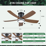 Ceiling Fans with Lights and Remote/APP Control, 41 inch Low Profile Flush Mount Ceiling Fan with Lights, LED Dimmable 5 Reversible Curved Blades 3 CCT 6 Speeds for Bedroom Living Room, Wood Wiviniya