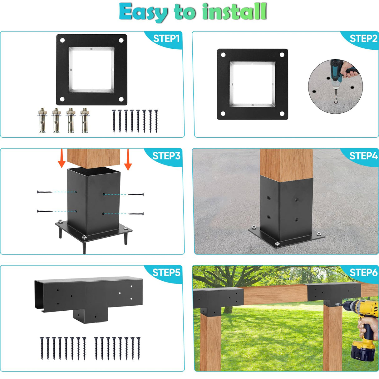 Pergola Brackets Kit 4x4 - BRRIY 3-Way Right Angle Corner Bracket, Pergola Brackets Base Kit with 2 T-Brackets and 2 Bases, Gazebo Hardware Kit for Extension Gazebo BRRIY