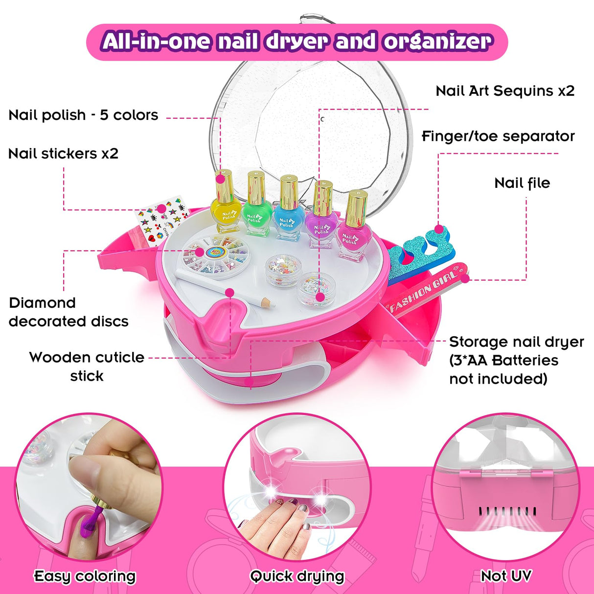 BATTOP Kids Nail Polish Set for Girls, Nail Art Kit for Kids with All-in-One Organizer Nail Dryer, Polish, Stickers, Gems, Filer - Ideas Gift for Girls 6 7 8 9 10 11 12 - Dress-Up Toy BATTOP