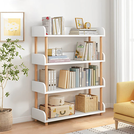 Modern 4-Tier Wooden Open Bookcase in Warm White - Versatile Freestanding Bookshelf with Solid Wood Frame and Side Panels OSCHF