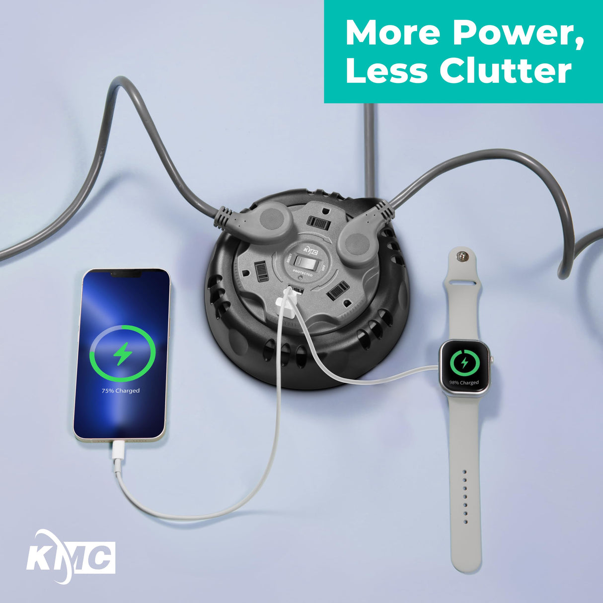 KMC 5-Outlet USB-C PD Surge Twist Retractable Power Strip Cord Reel, 2 USB-A & 1 USB-C Power Delivery, 735J Surge Protector, 8ft Retractable Extension Cord, 3-Prong Flat Plug, UL/ETL Certified, Gray KMC