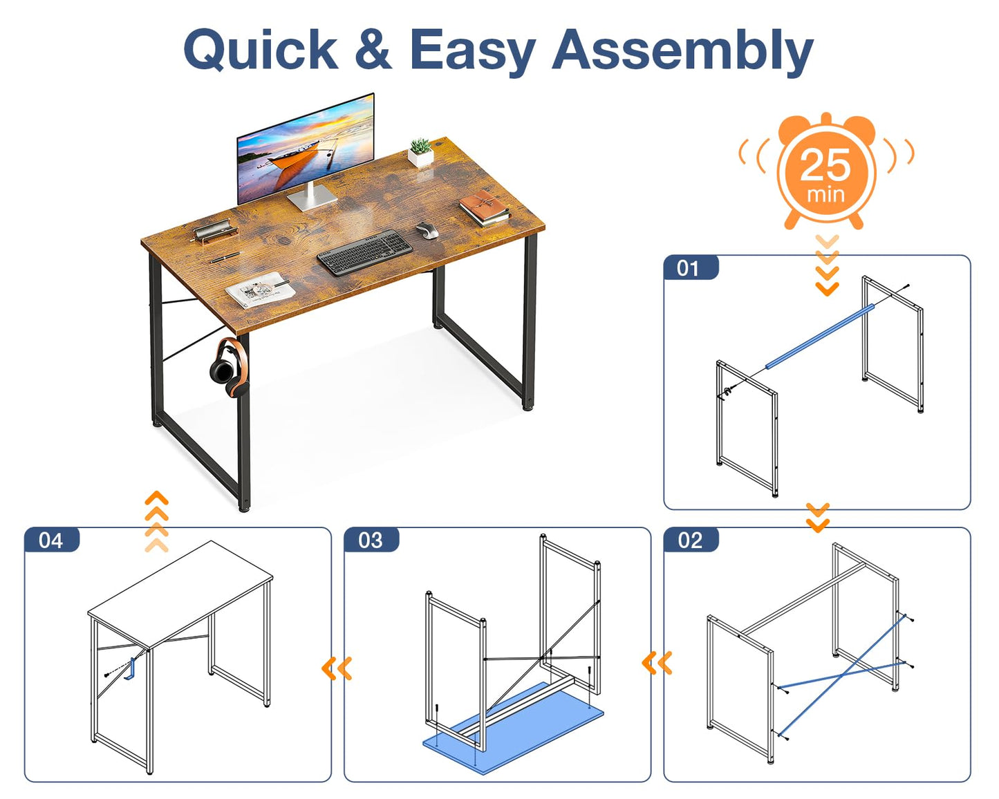 Casaottima 40 Inch Small Computer Desk for Home Office, Study Writing Table for Small Spaces, Simple Modern Desk with Headphone Hooks, Rustic Brown - WoodArtSupply