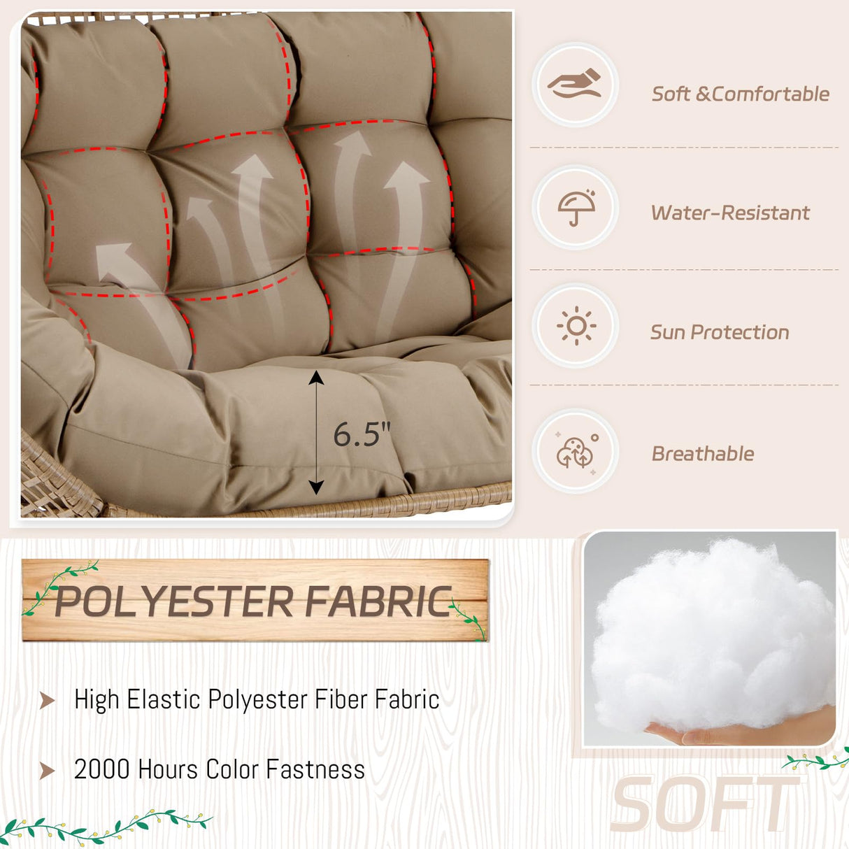 BULEXYARD Double Egg Chair Indoor Outdoor 680lbs, 2 Person Brown Wicker Oversized Stationary Egg Chair with Brown Thick Cushion, Patio Wide Lounge Loveseat with Legs for Balcony, Porch BULEXYARD