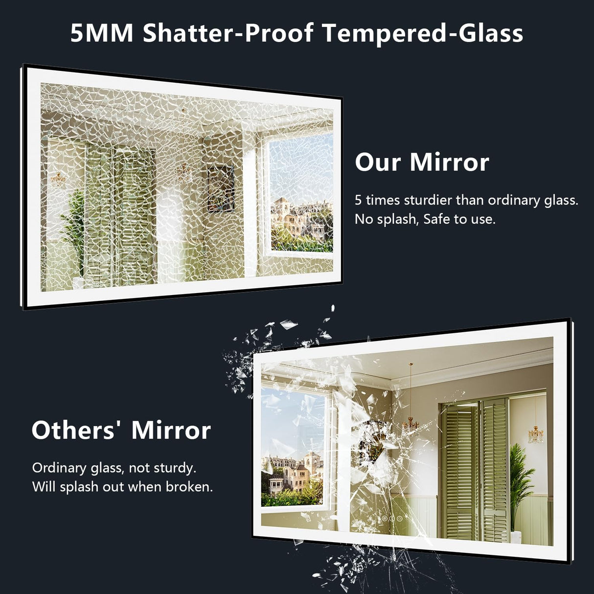 YEELAIT 72x40 Inch LED Bathroom Mirror with Lights (Front Lit and Backlit) Black Framed Lighted Vanity Mirror for Bathroom Wall Dimmable Anti-Fog Memory Tempered Glass Horizontal/Vertical YEELAIT