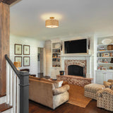 CLARSYNE 13" Woven Rattan Boho Ceiling Light Fixture, 3-Light Modern Semi Flush Mount Lamp with Drum Fabric Shade, Rustic Brown Lighting for Bedroom, Dining Room, Living Room, Hallway, Entryway CLARSYNE