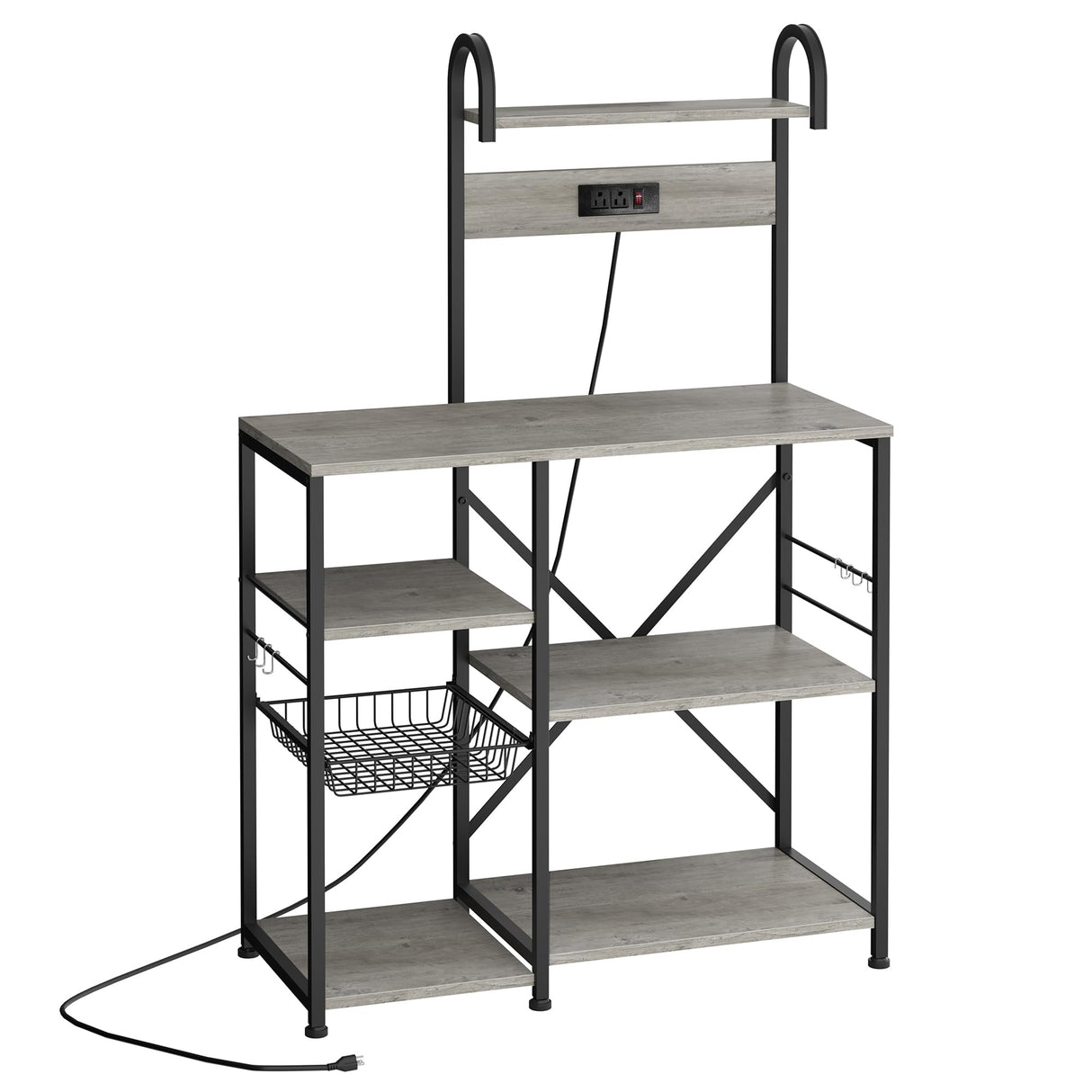 Shintenchi Kitchen Bakers Rack with Power Outlet, Multifunctional Organizer & Storage with 6 Hooks, Microwave Oven Stand, and Coffee Station Shelf, Grey Shintenchi