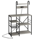 Shintenchi Kitchen Bakers Rack with Power Outlet, Multifunctional Organizer & Storage with 6 Hooks, Microwave Oven Stand, and Coffee Station Shelf, Grey Shintenchi