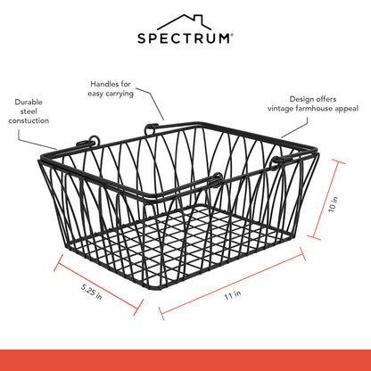 Spectrum Twist Wire Basket for Organizing (Medium, Black) - Sturdy Farmhouse Pantry Basket Storage with Handles - Wire Storage Basket Organizer for Kitchen, Shelf, Closet, Bathroom & More - WoodArtSupply