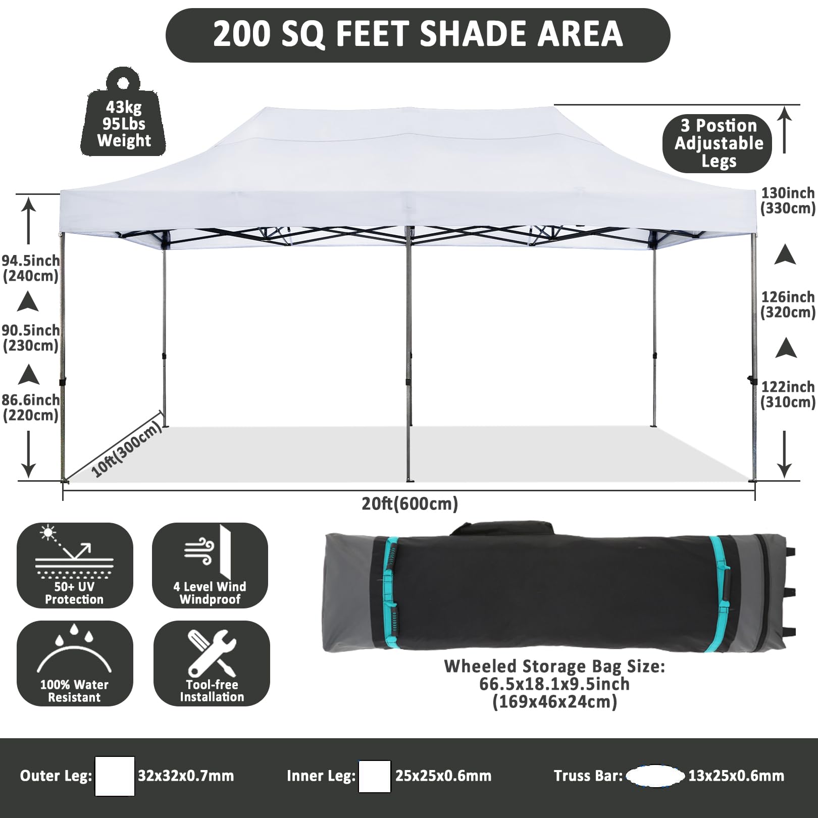 COBIZI 10x20 Pop Up Canopy without Sidewall,Heavy Duty Canopy UPF 50+ All Season Wind Waterproof Commercial Outdoor Wedding Party Tents for Parties Canopy Gazebo with Roller Bag(10 x 20 ft Wh - WoodArtSupply