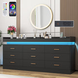 9 Drawer Dresser with LED Light and Charging Station, 63" Modern Chest of Drawers for Closet, Wide Drawer Organizer Cabinet for Bedroom, Living Room, Entryway, Hallway, Black Hlivelood